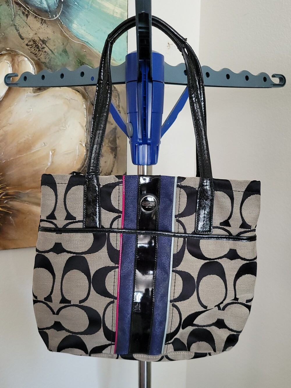 Coach Signature Canvas Tote with Black Patent Trim and Blue/Pink Stripe